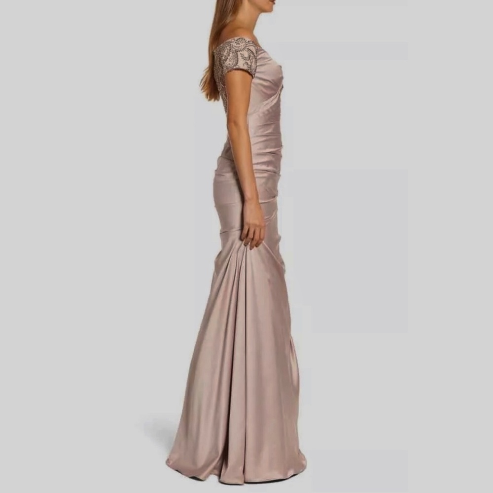 NWOT La Femme 25996 Off the Shoulder Beaded Satin Trumpet Gown, Size 2 - Picture 8 of 10